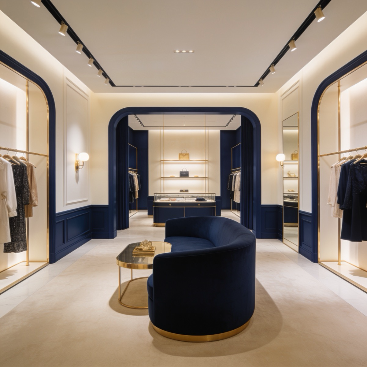 A woman in a camel cashmere coat and cream dress in a sunlit minimalist interior