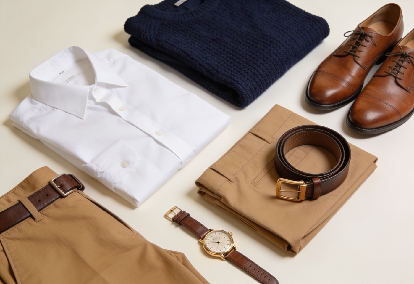 The essentials, laid bare: a white shirt, a navy knit, tan trousers, good leather.